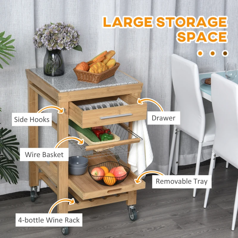 HOMCOM Bamboo Rolling Kitchen Island on Wheels Storage Cart with Granite Top, a Slide-Out Basket & Wine Storage Rack