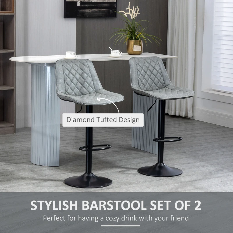 HOMCOM Adjustable Bar Stools Set of 2, Counter Height Barstools with Swivel Seat Round Steel Base and Footrest for Kitchen Counter Dining Room Pub, ‎Grey