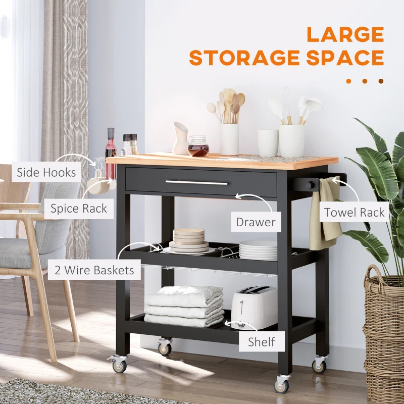 HOMCOM Rolling Mobile Kitchen Island Cart with Granite & Bamboo Countertop, Knife Rack, Integrated Spice Rack & Storage Drawer