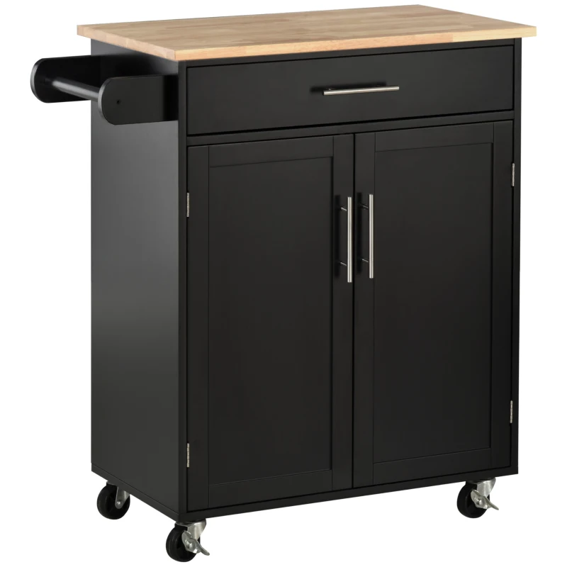 HOMCOM Kitchen Island Cart Rolling Trolley Cart with Drawer, Storage Cabinet & Towel Rack, Black