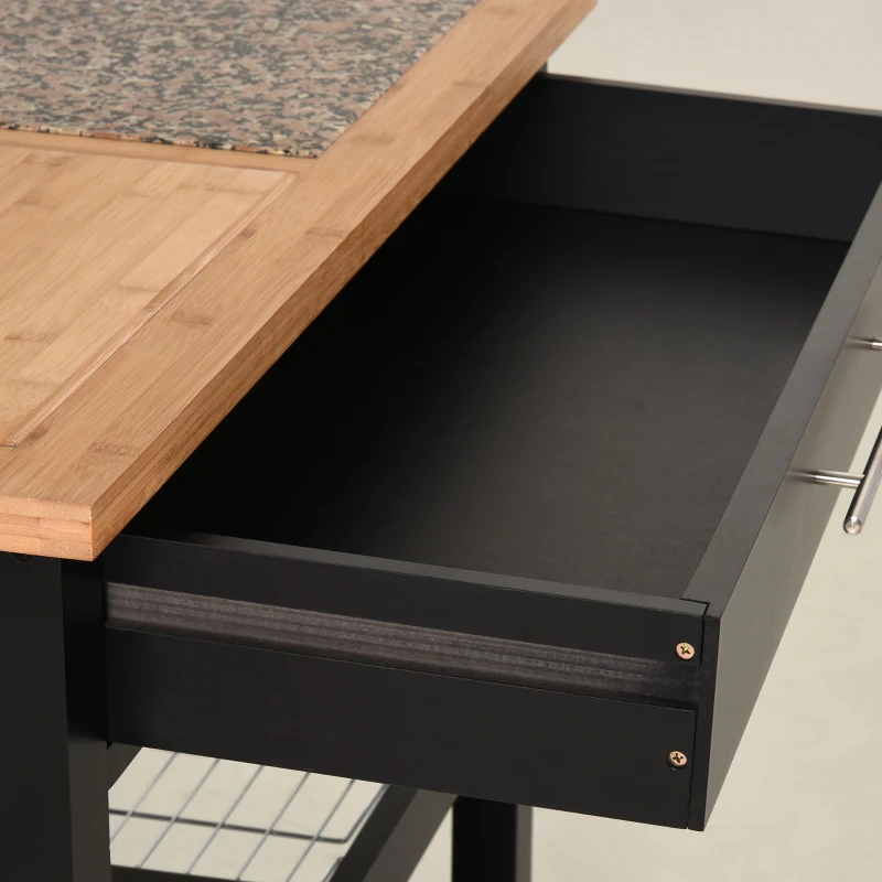 HOMCOM Rolling Mobile Kitchen Island Cart with Granite & Bamboo Countertop, Knife Rack, Integrated Spice Rack & Storage Drawer