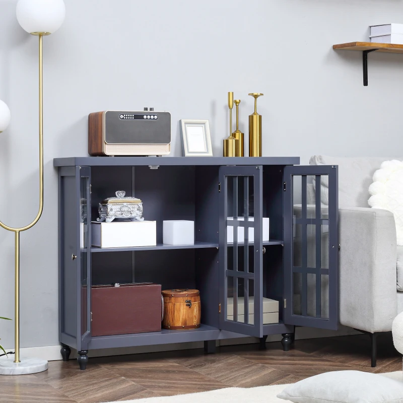 HOMCOM Sideboard, Buffet Cabinet with 3 Tempered Glass Doors, Stripe Pattern and Adjustable Storage Shelf, Credenza, Gray