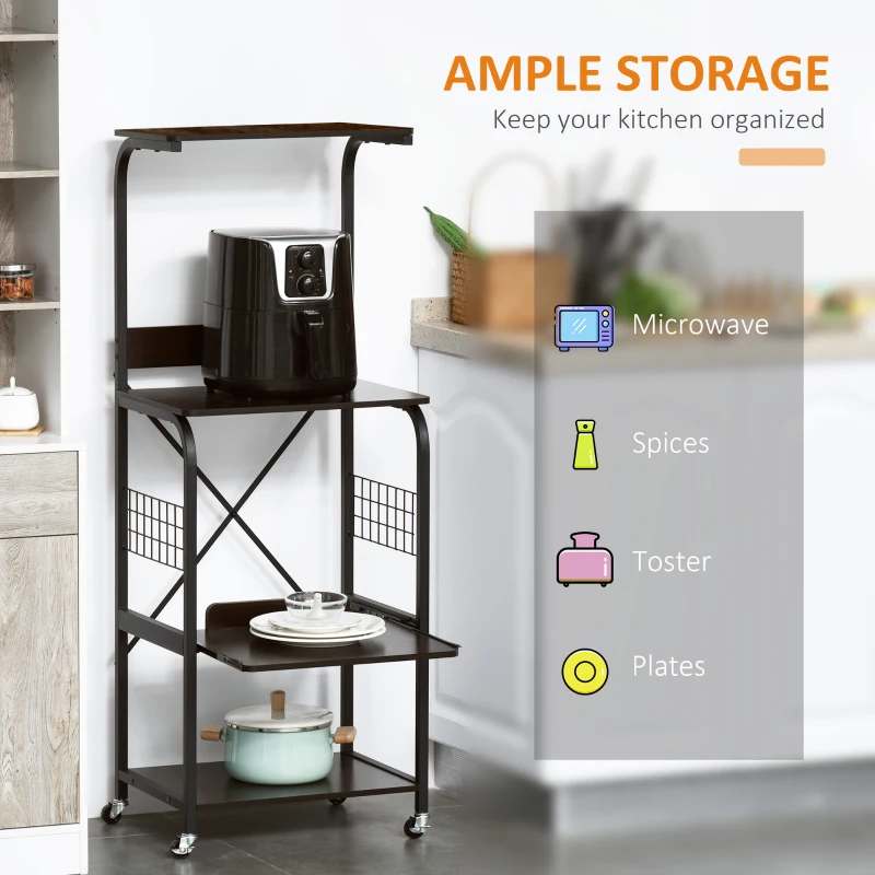 HOMCOM Kitchen Cart Rolling Microwave Stand Utility Baker's Rack Cart 4-Tier Storage Shelf on Wheels with Side Wire Grids, Black