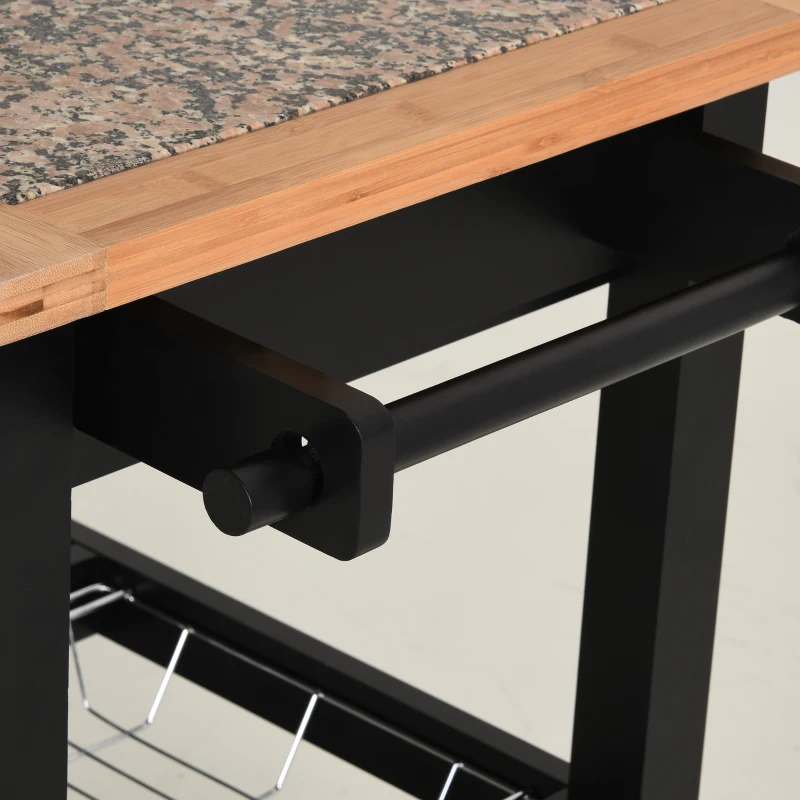 HOMCOM Rolling Mobile Kitchen Island Cart with Granite & Bamboo Countertop, Knife Rack, Integrated Spice Rack & Storage Drawer