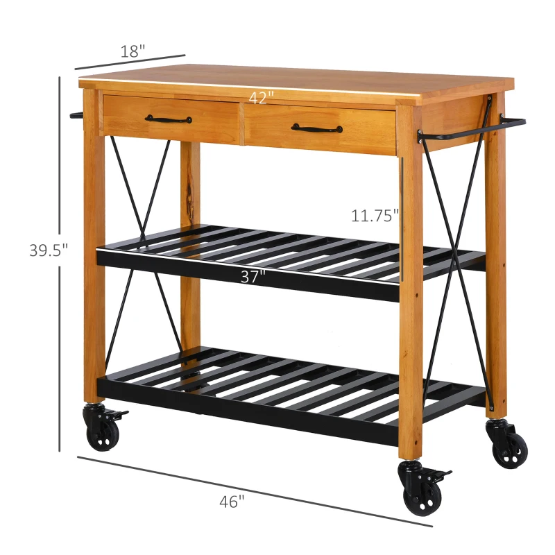 HOMCOM 46" Kitchen Island Cart Rolling Utility Cart with 2 Drawers, Open Storage Shelves & Handle Racks