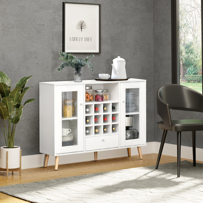 HOMCOM Sideboard Storage Cabinet, Kitchen Cupboard with Glass Doors, Drawer, 12-Bottle Wine Rack for Living Room, White