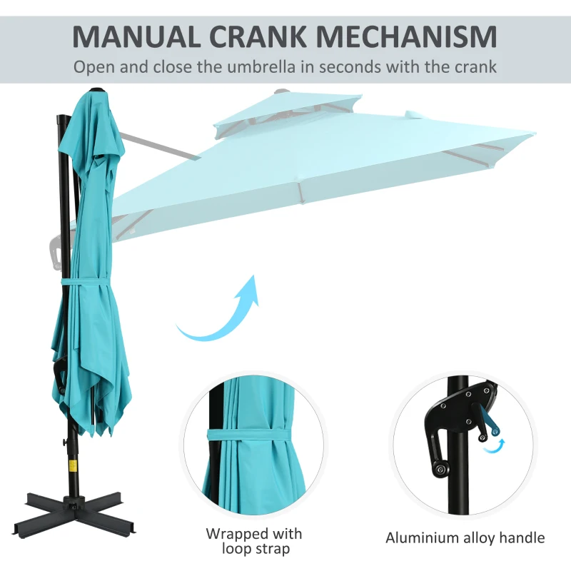Outsunny 10ft Offset Patio Umbrella with Base, Double Top Hanging Aluminum Cantilever Umbrella with 360-degree Rotation, Easy Tilt, 8 Ribs, Crank, Cross Base, Cover, Strap, Light Blue