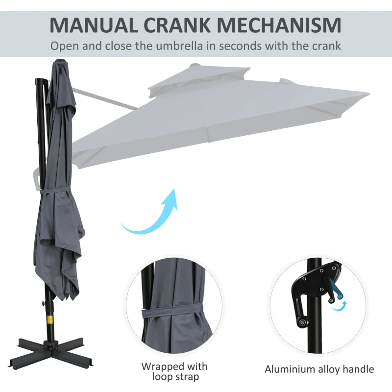 Outsunny 10ft Offset Patio Umbrella with Base, Double Top Hanging Aluminum Cantilever Umbrella with 360-degree Rotation, Easy Tilt, 8 Ribs, Crank, Cross Base, Cover, Strap, Dark Gray