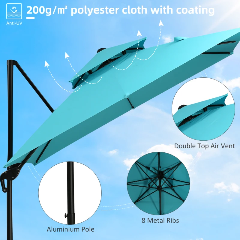 Outsunny 10ft Offset Patio Umbrella with Base, Double Top Hanging Aluminum Cantilever Umbrella with 360-degree Rotation, Easy Tilt, 8 Ribs, Crank, Cross Base, Cover, Strap, Light Blue