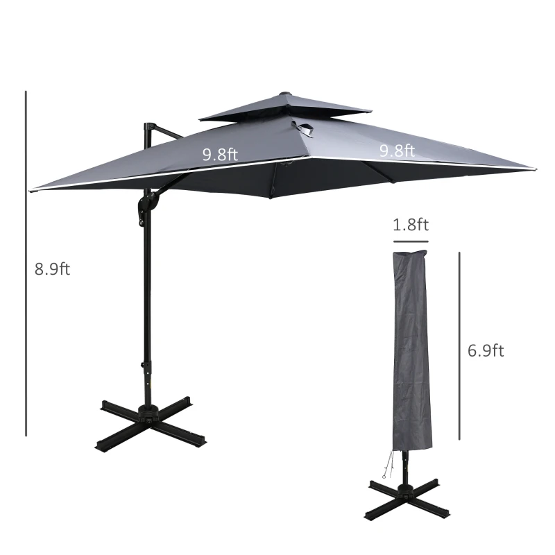 Outsunny 10ft Offset Patio Umbrella with Base, Double Top Hanging Aluminum Cantilever Umbrella with 360-degree Rotation, Easy Tilt, 8 Ribs, Crank, Cross Base, Cover, Strap, Dark Gray