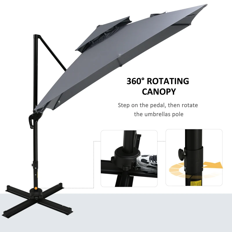 Outsunny 10ft Offset Patio Umbrella with Base, Double Top Hanging Aluminum Cantilever Umbrella with 360-degree Rotation, Easy Tilt, 8 Ribs, Crank, Cross Base, Cover, Strap, Dark Gray