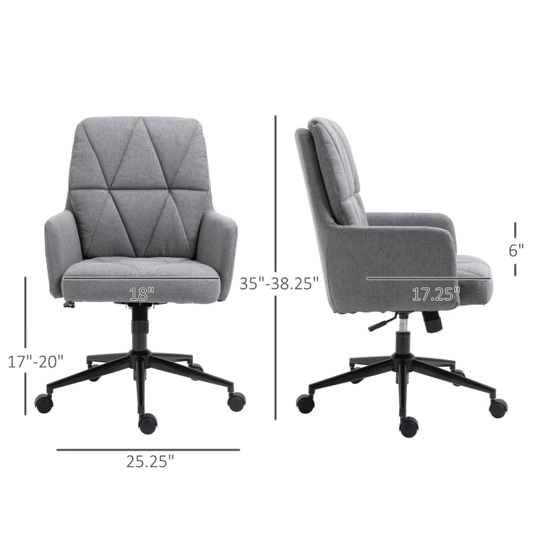 Vinsetto Office Chair Swivel Upholstered Task Chair with Double Thick Padded Backrest, Adjustable Height, Soft Cushioned Seat and 5 Wheels, Grey