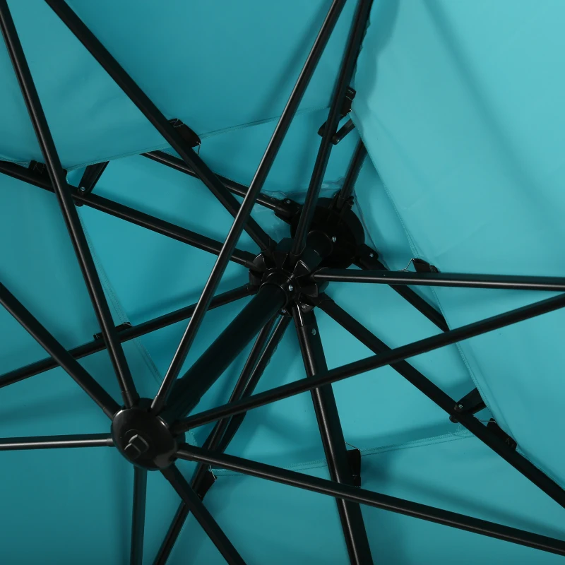 Outsunny 10ft Offset Patio Umbrella with Base, Double Top Hanging Aluminum Cantilever Umbrella with 360-degree Rotation, Easy Tilt, 8 Ribs, Crank, Cross Base, Cover, Strap, Light Blue