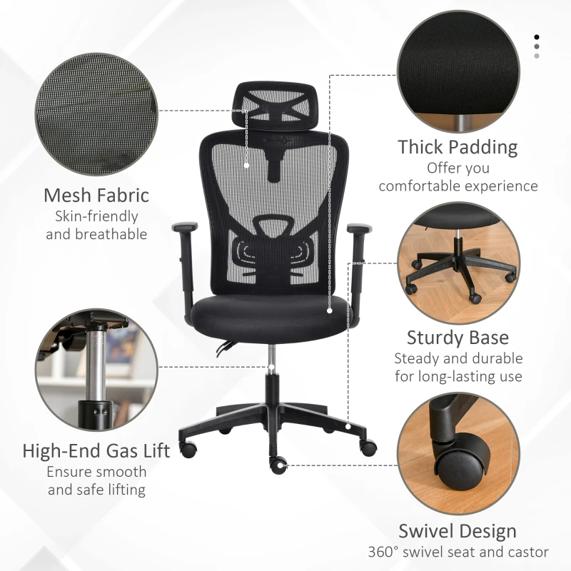 Vinsetto High Back Ergonomic Computer Home Office Chair, Mesh Task Chair with Lumbar Back Support, Reclining Function, Adjustable Headrest, Arms and Height, Black