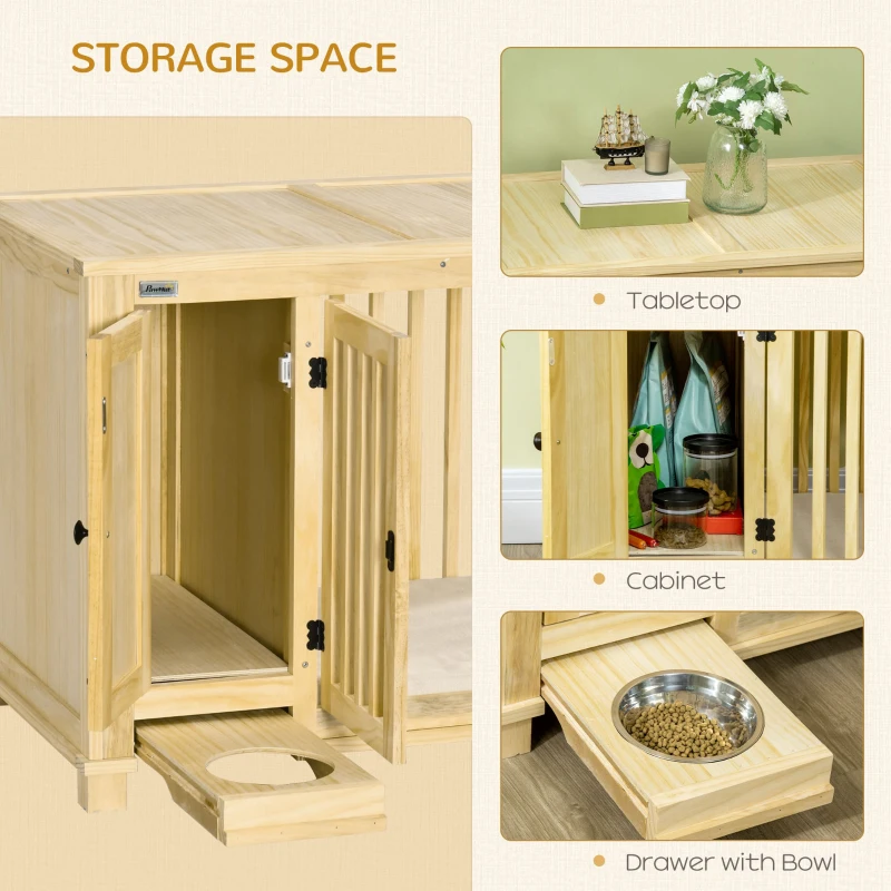 PawHut Wooden Dog Crate Furniture with Drawer Bowl Storage, Dog Kennel End Table with Cushion for Small Dogs Indoor Use, Natural