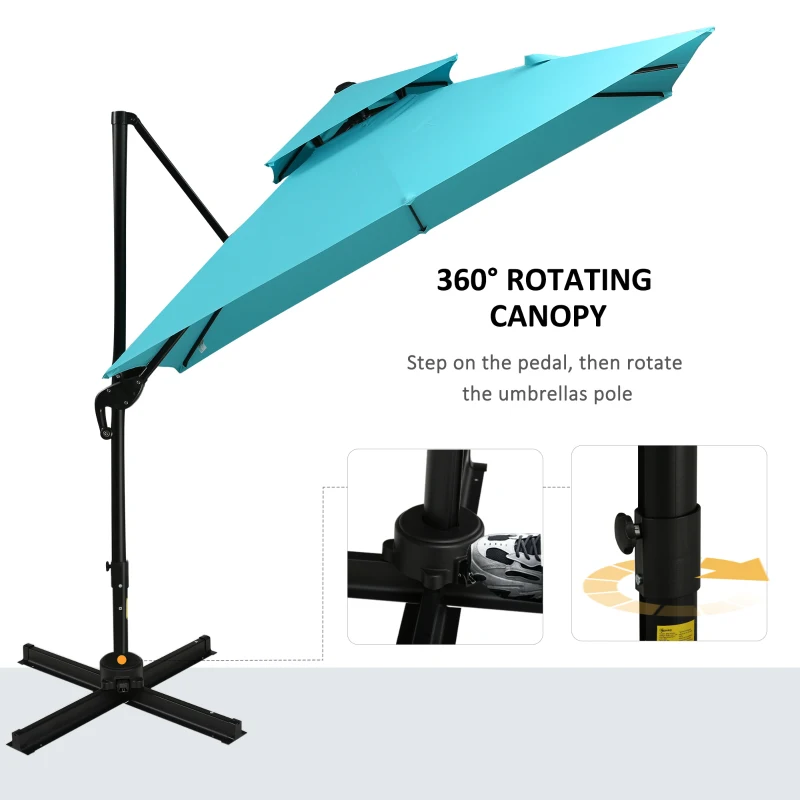Outsunny 10ft Offset Patio Umbrella with Base, Double Top Hanging Aluminum Cantilever Umbrella with 360-degree Rotation, Easy Tilt, 8 Ribs, Crank, Cross Base, Cover, Strap, Light Blue