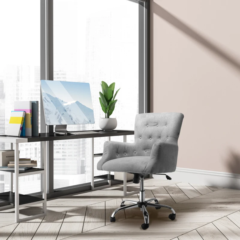 HOMCOM Mid Back Task Chair, Modern Home Office Chair with Tufted Button Design and Padded Armrests, Swivel Computer Desk Chair for Study Living Room Bedroom, Gray