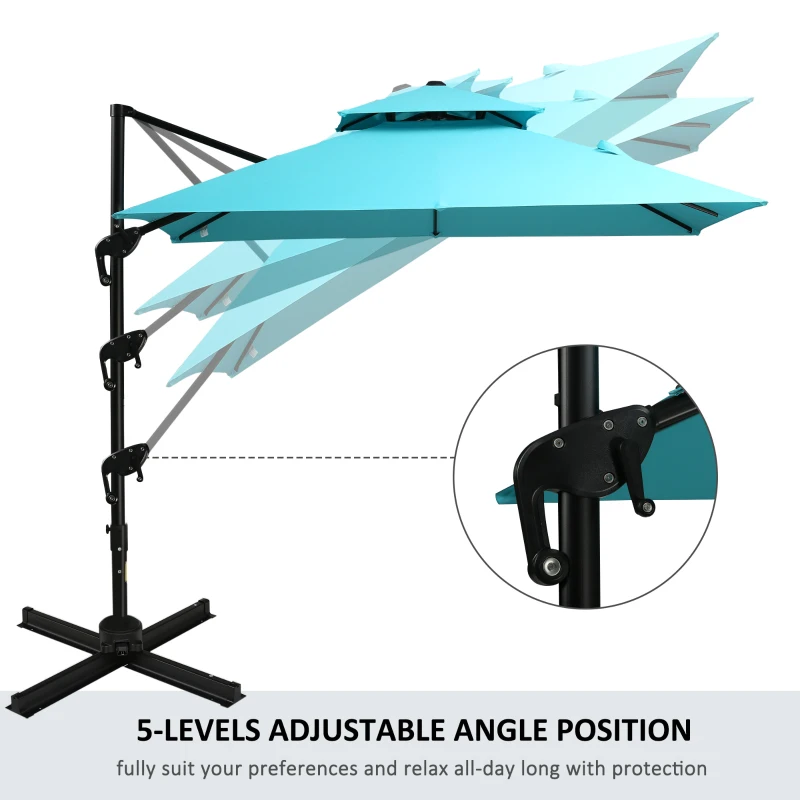 Outsunny 10ft Offset Patio Umbrella with Base, Double Top Hanging Aluminum Cantilever Umbrella with 360-degree Rotation, Easy Tilt, 8 Ribs, Crank, Cross Base, Cover, Strap, Light Blue