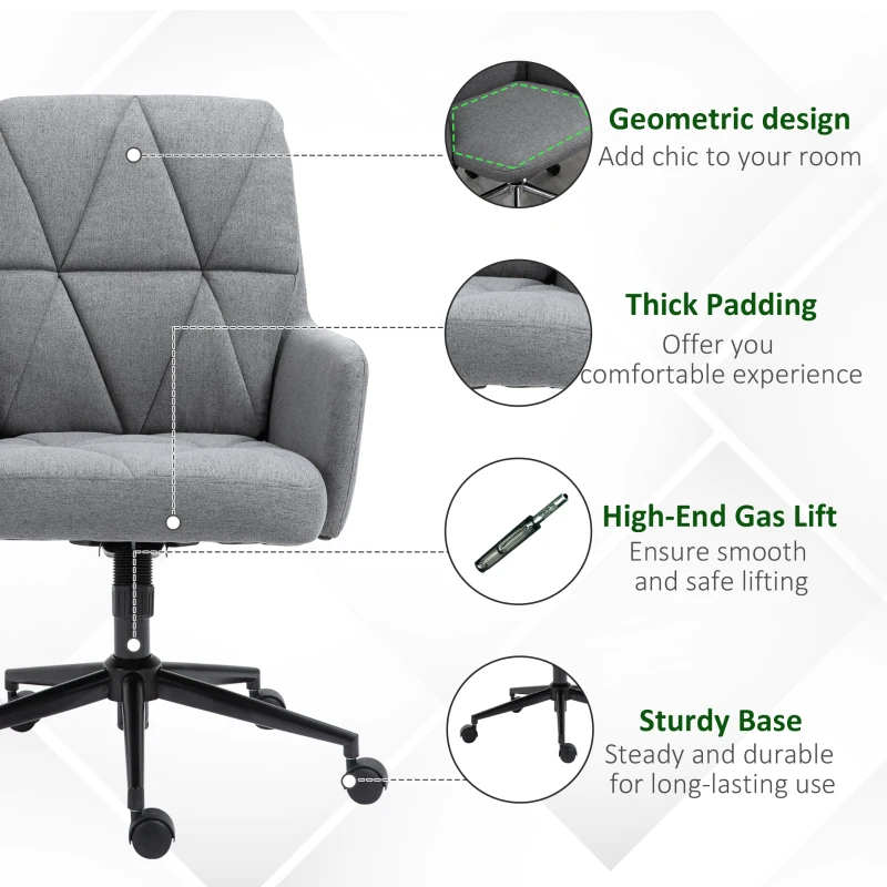 Vinsetto Office Chair Swivel Upholstered Task Chair with Double Thick Padded Backrest, Adjustable Height, Soft Cushioned Seat and 5 Wheels, Grey