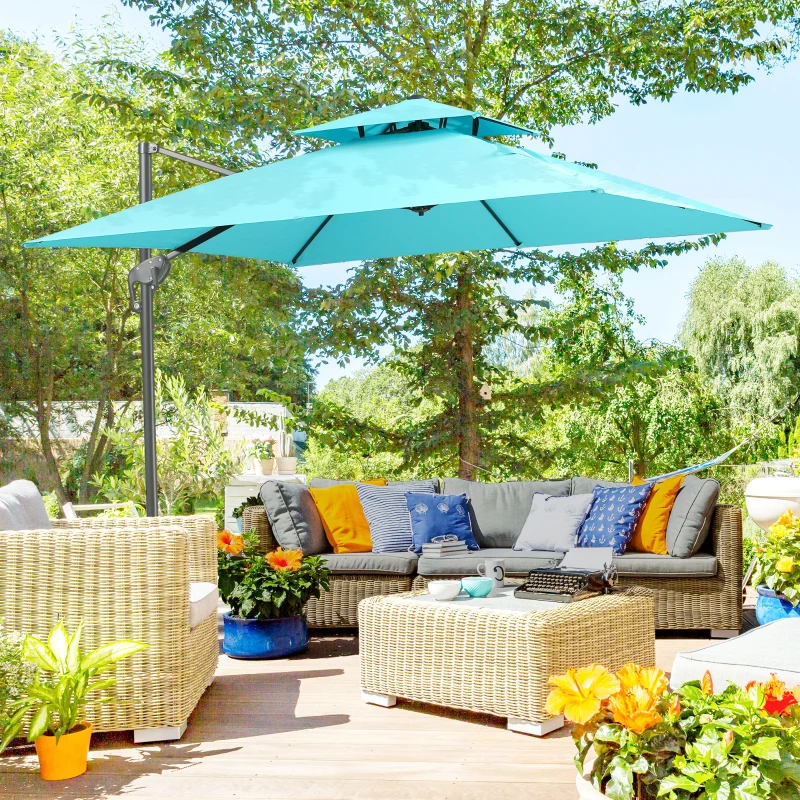 Outsunny 10ft Offset Patio Umbrella with Base, Double Top Hanging Aluminum Cantilever Umbrella with 360-degree Rotation, Easy Tilt, 8 Ribs, Crank, Cross Base, Cover, Strap, Light Blue