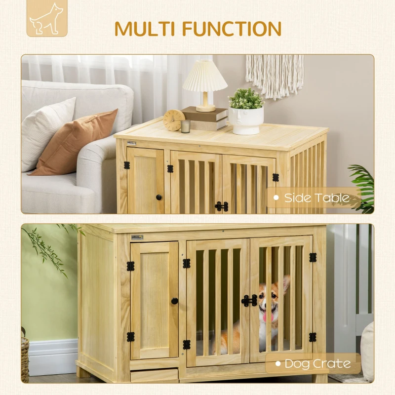 PawHut Wooden Dog Crate Furniture with Drawer Bowl Storage, Dog Kennel End Table with Cushion for Small Dogs Indoor Use, Natural