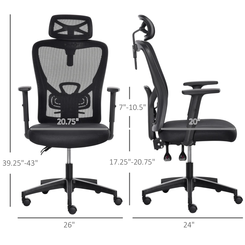 Vinsetto High Back Ergonomic Computer Home Office Chair, Mesh Task Chair with Lumbar Back Support, Reclining Function, Adjustable Headrest, Arms and Height, Black