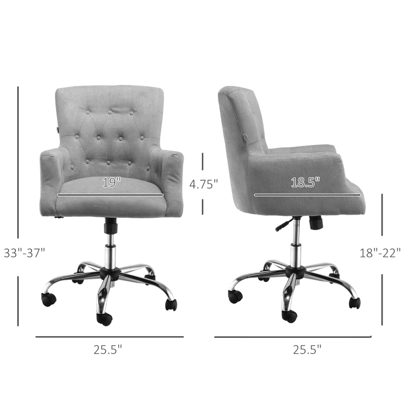 HOMCOM Mid Back Task Chair, Modern Home Office Chair with Tufted Button Design and Padded Armrests, Swivel Computer Desk Chair for Study Living Room Bedroom, Gray