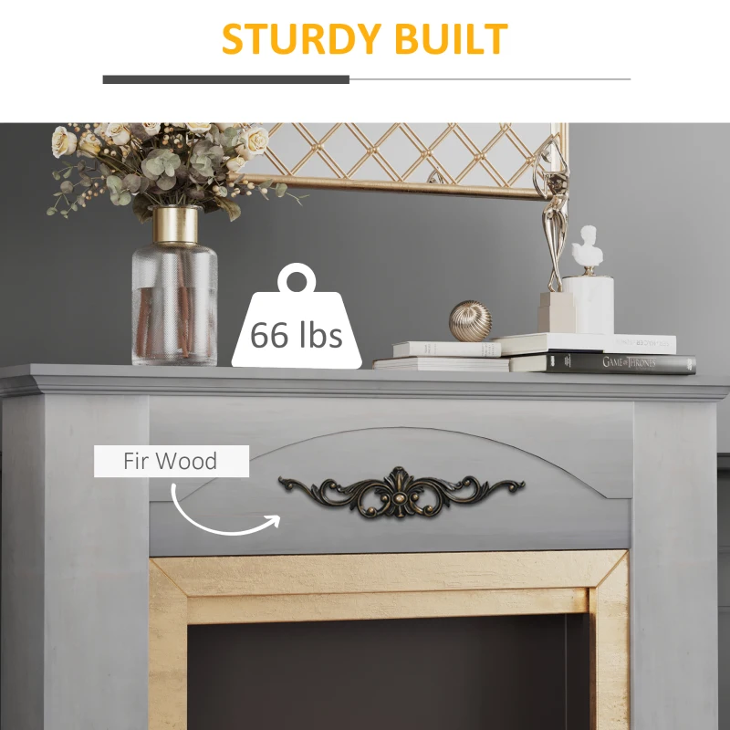 HOMCOM Vintage Fireplace Mantel Surround, Wood Mantels for Fireplace with Decorative Pattern, Interior Width 31", Grey