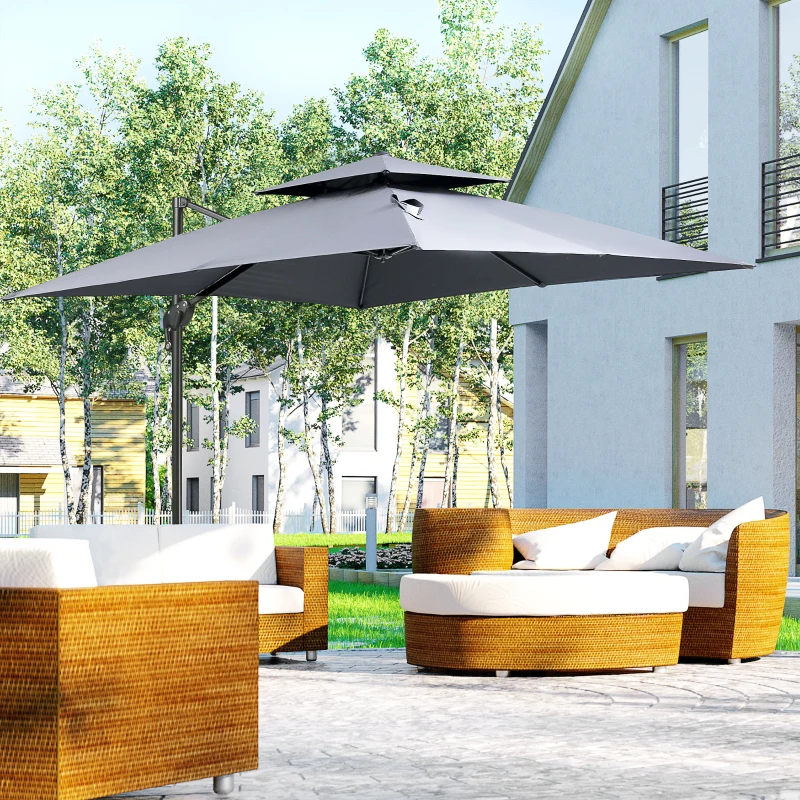 Outsunny 10ft Offset Patio Umbrella with Base, Double Top Hanging Aluminum Cantilever Umbrella with 360-degree Rotation, Easy Tilt, 8 Ribs, Crank, Cross Base, Cover, Strap, Dark Gray