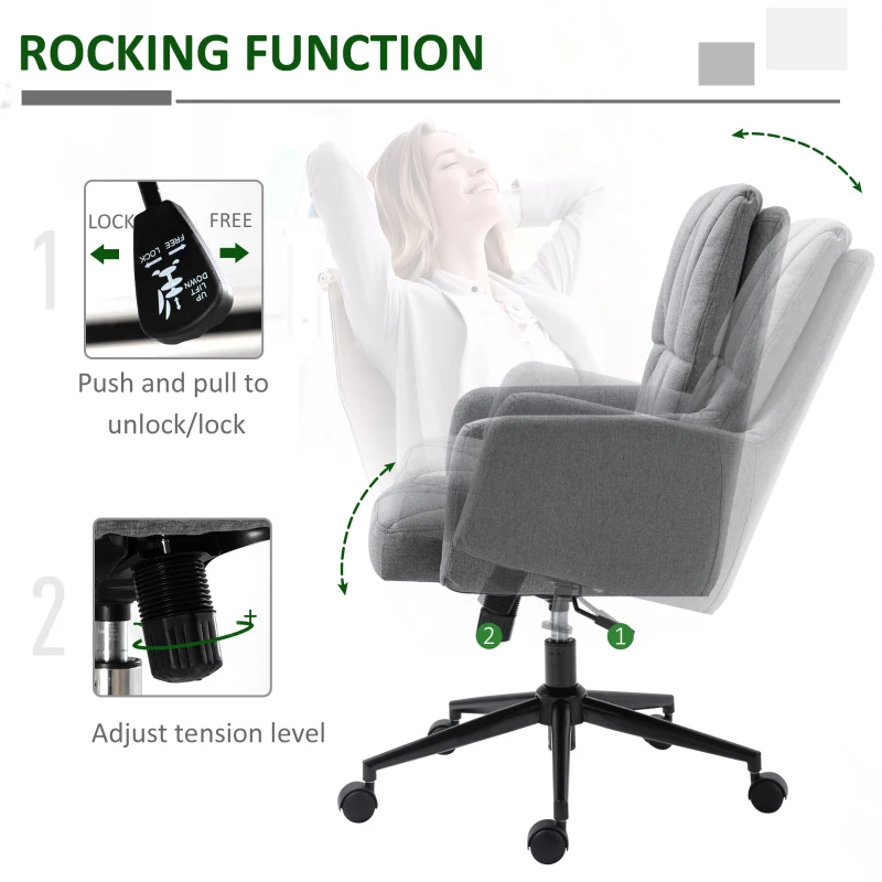 Vinsetto Office Chair Swivel Upholstered Task Chair with Double Thick Padded Backrest, Adjustable Height, Soft Cushioned Seat and 5 Wheels, Grey