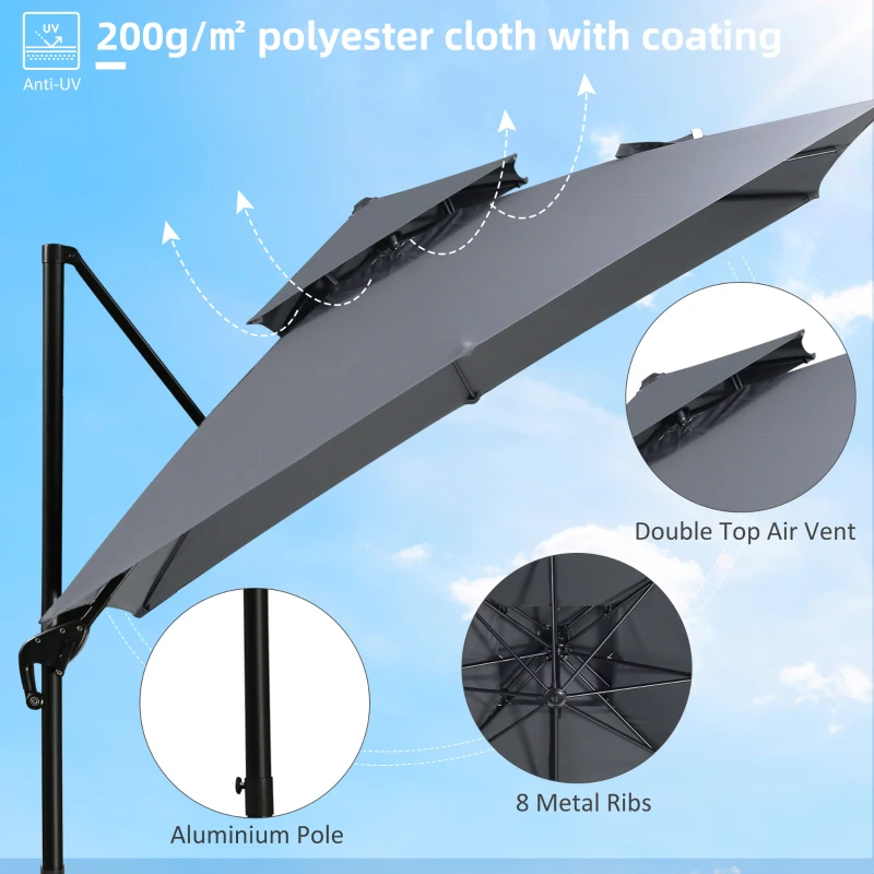 Outsunny 10ft Offset Patio Umbrella with Base, Double Top Hanging Aluminum Cantilever Umbrella with 360-degree Rotation, Easy Tilt, 8 Ribs, Crank, Cross Base, Cover, Strap, Dark Gray