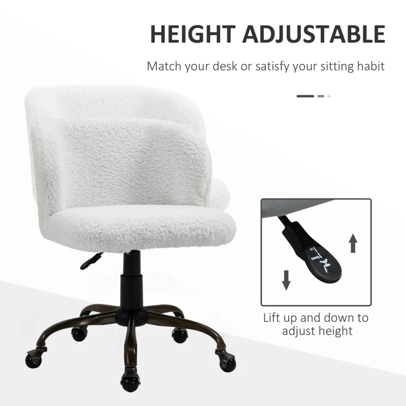HOMCOM Faux Fur Home Office Chair, Accent Swivel Desk Chair, Makeup Vanity Seat with Adjustable Height, White