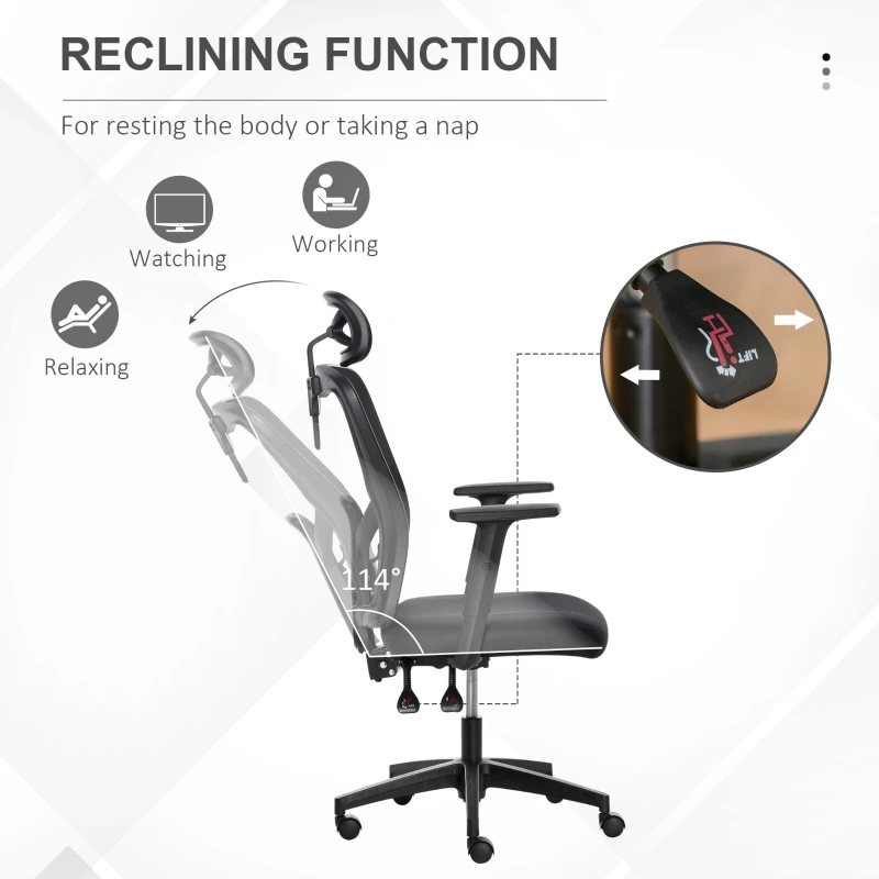 Vinsetto High Back Ergonomic Computer Home Office Chair, Mesh Task Chair with Lumbar Back Support, Reclining Function, Adjustable Headrest, Arms and Height, Black