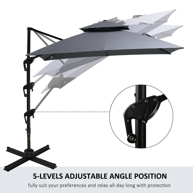 Outsunny 10ft Offset Patio Umbrella with Base, Double Top Hanging Aluminum Cantilever Umbrella with 360-degree Rotation, Easy Tilt, 8 Ribs, Crank, Cross Base, Cover, Strap, Dark Gray