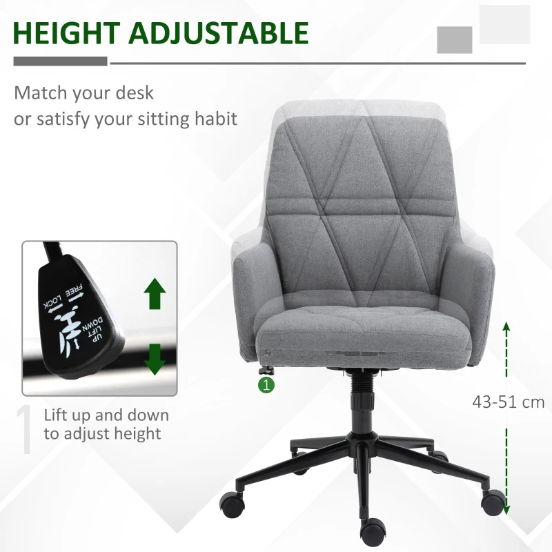 Vinsetto Office Chair Swivel Upholstered Task Chair with Double Thick Padded Backrest, Adjustable Height, Soft Cushioned Seat and 5 Wheels, Grey