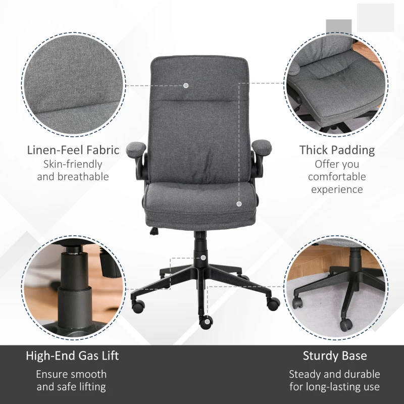 Vinsetto Ergonomic Office Chair Swivel High Back Computer Desk Chair with Adjustable Height Flip-Up Armrest, Comfy Thick Padded Cushions, Wheels, Grey
