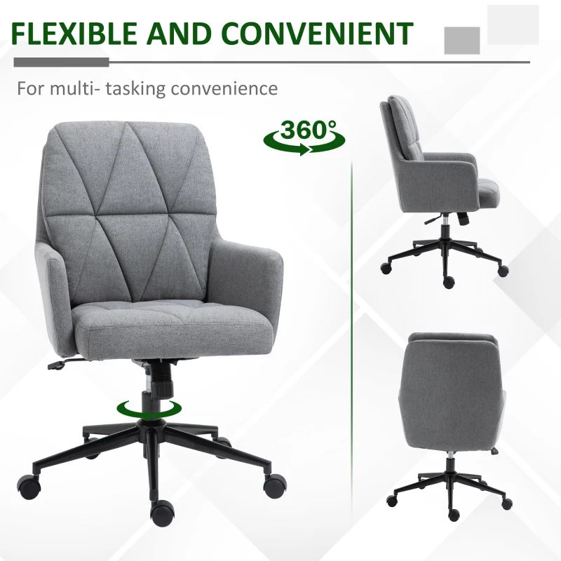 Vinsetto Office Chair Swivel Upholstered Task Chair with Double Thick Padded Backrest, Adjustable Height, Soft Cushioned Seat and 5 Wheels, Grey