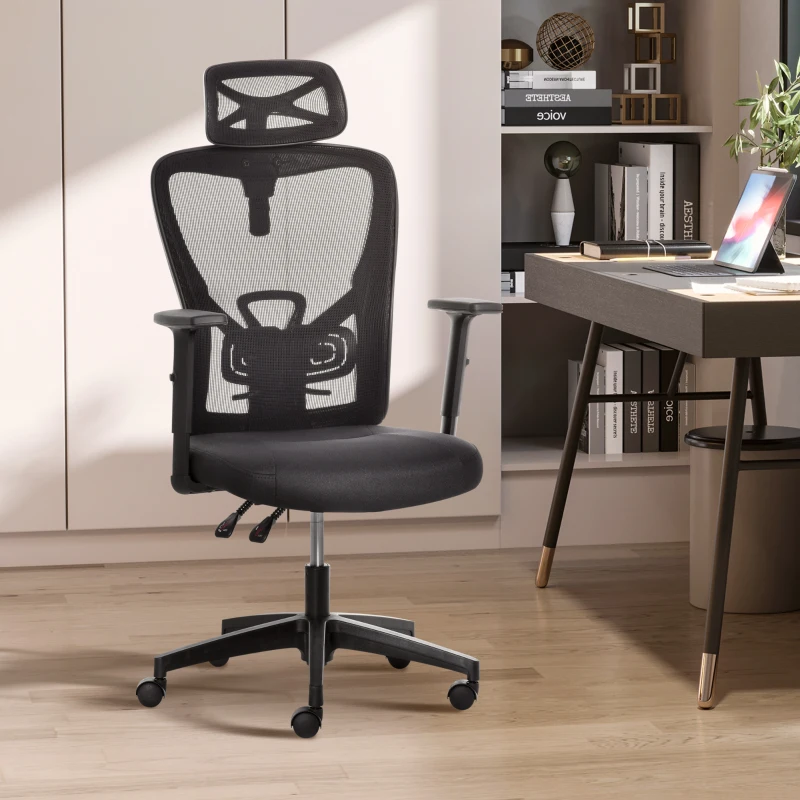 Vinsetto High Back Ergonomic Computer Home Office Chair, Mesh Task Chair with Lumbar Back Support, Reclining Function, Adjustable Headrest, Arms and Height, Black
