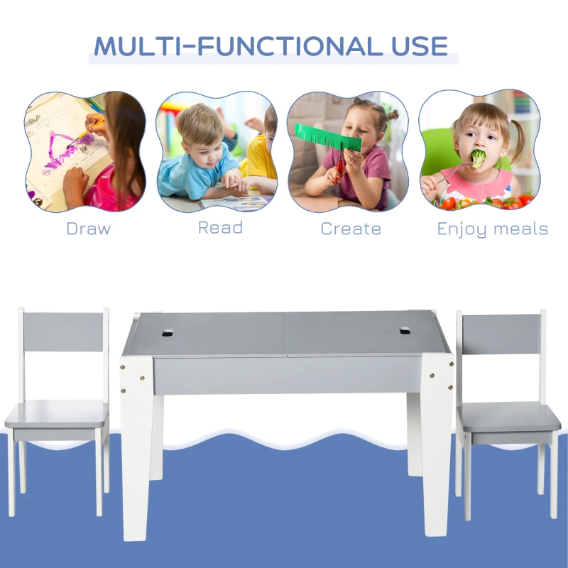 Qaba 3 Pcs Kids Table and Chair Set with Storage Under Tabletop, Activity Table and 2 Chairs, Kids Drawing Table for Playroom Furniture, Grey