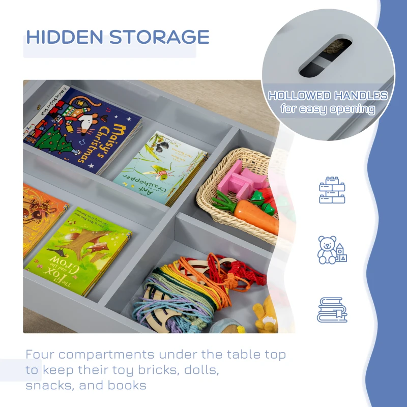 Qaba 3 Pcs Kids Table and Chair Set with Storage Under Tabletop, Activity Table and 2 Chairs, Kids Drawing Table for Playroom Furniture, Grey