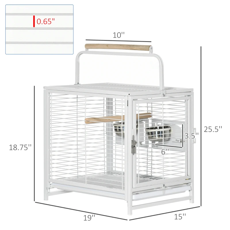 PawHut 18" Heavy Duty Wrought Iron Travel Bird Cage Carrier With Handle Perch And Accessories - White