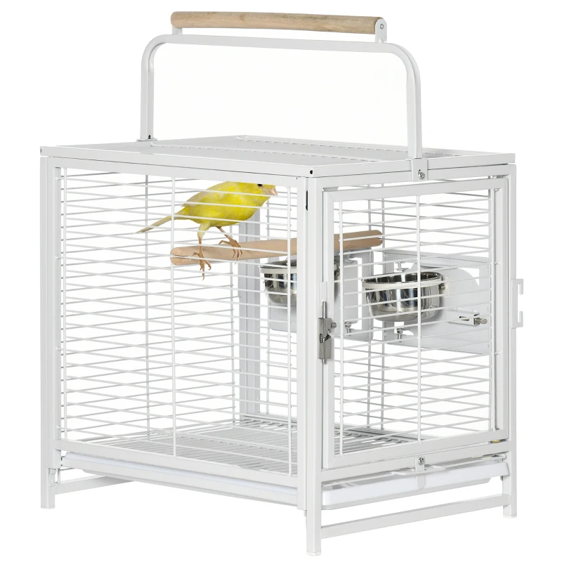 PawHut 19" Travel Bird Cage Parrot Carrier with Handle Wooden Perch for Cockatiels, Conures, White