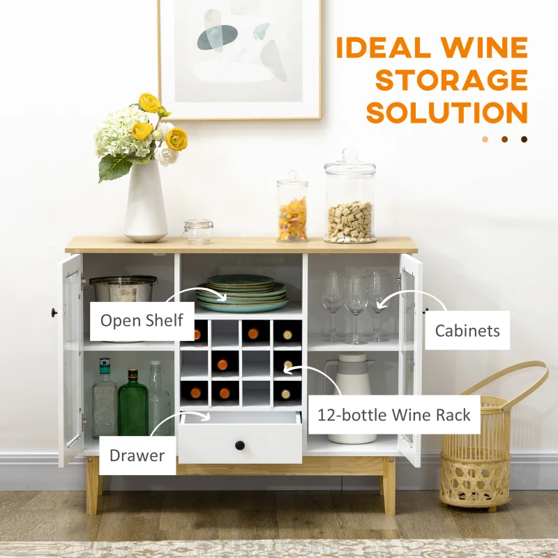 HOMCOM Bar Cabinet with Storage in 12-Bottle Wine Rack, Sideboard Buffet Cabinet Kitchen & Dining Room Cabinet, White