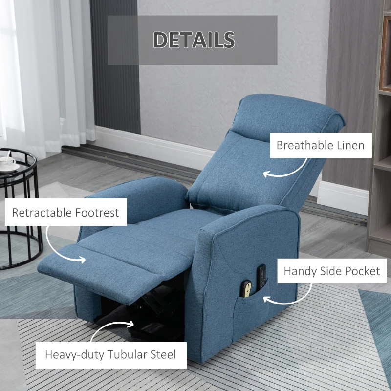 HOMCOM Electric Power Lift Recliner Chair with Massage, Vibration with Remote for Elderly, Padded Linen Fabric Living Room Office Furniture, Blue
