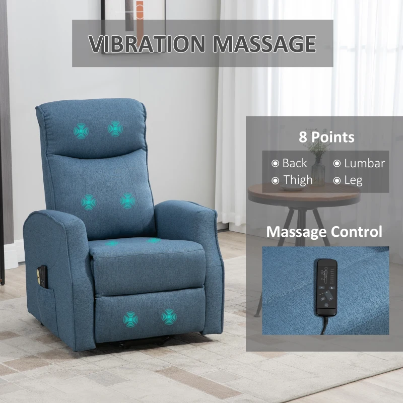 HOMCOM Electric Power Lift Recliner Chair with Massage, Vibration with Remote for Elderly, Padded Linen Fabric Living Room Office Furniture, Blue