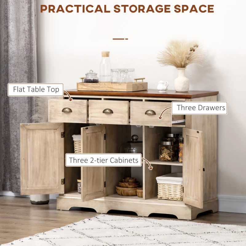 HOMCOM Sideboard Buffet Kitchen Sideboard Cabinet with 3 Drawers 3 Door Cabinets Adjustable Shelf for Living Room Natural