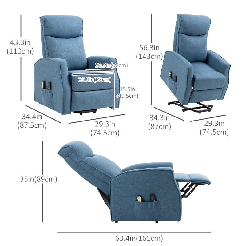 HOMCOM Electric Power Lift Recliner Chair with Massage, Vibration with Remote for Elderly, Padded Linen Fabric Living Room Office Furniture, Blue
