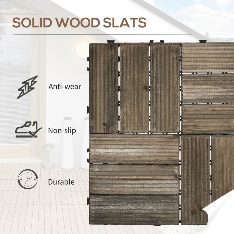 Outsunny 27 Pcs Wood Interlocking Deck Tiles, 12 x 12in Outdoor Flooring Tiles for Indoor and Outdoor Use, Tools Free Assembly, Charcoal Grey