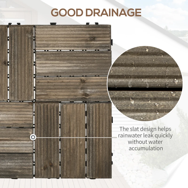 Outsunny 27 Pcs Wood Interlocking Deck Tiles, 12 x 12in Outdoor Flooring Tiles for Indoor and Outdoor Use, Tools Free Assembly, Charcoal Grey