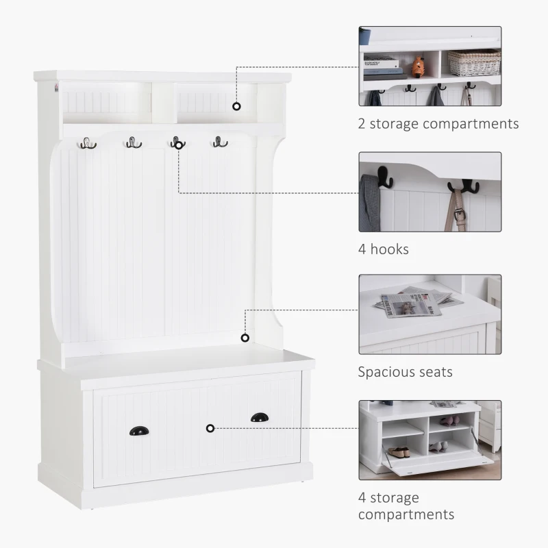 HOMCOM 64.5"H Hall Tree with Storage Drawer & Top Shelf, Coat Rack Wooden Entryway Storage Bench Hall Tree Hallway Clothes Bag Coat Rack 4 Hooks, White